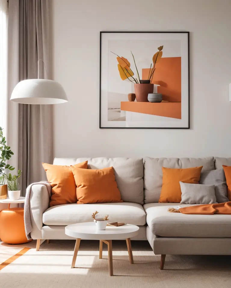 Modernes Wohnzimmer mit orangen Akzenten durch Bilder und Wohnaccessoires.